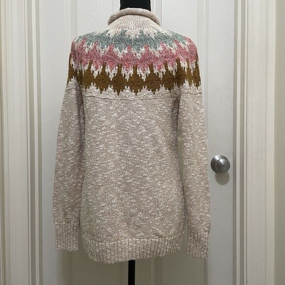 LL Bean Cotton Ragg Nordic Fair Isle Funnel Neck Pullover Knit Sweater Small - Picture 3 of 7